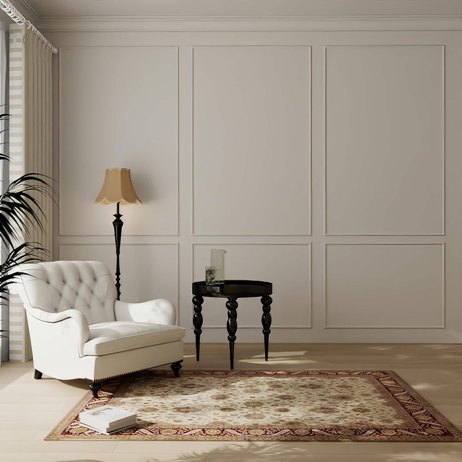 Full-height panel moulding accent wall in a sitting room painted a warm off-white