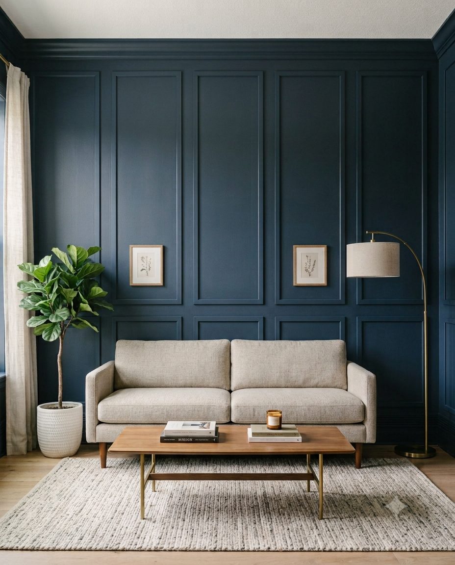 Navy picture-frame moulding wall behind a sofa